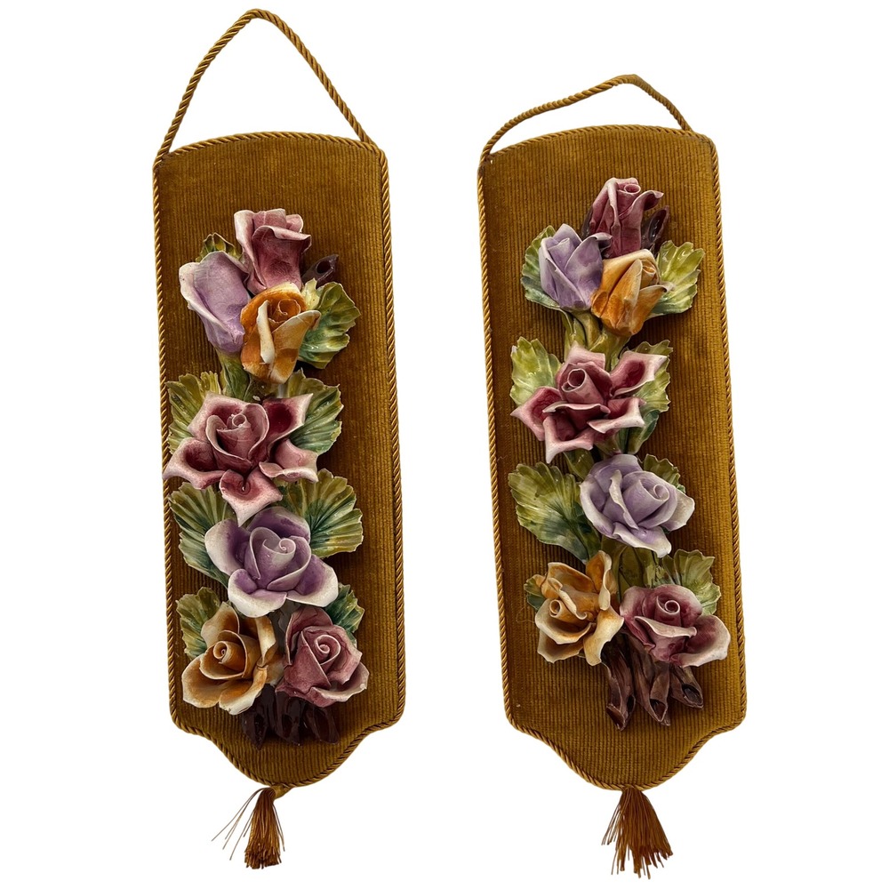 Capodimonte Porcelain Rose Wall Plaques Set of 2 Crown N Vera Porcellana Italian